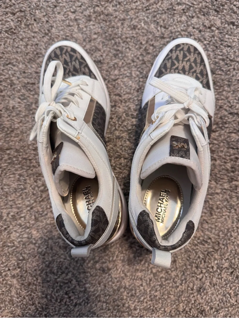 Michael Kors White and Brown MK Logo Wedge Sneakers with Gold Accents 9M